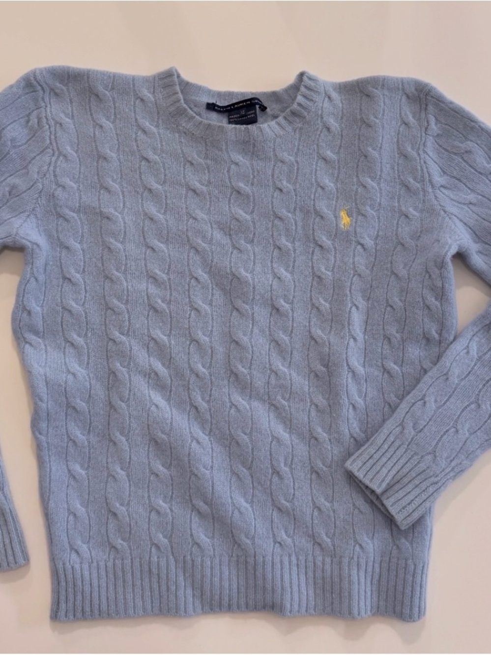 Ralph Lauren Sport 100% Lambswool Cable Knit Sweater Light Blue Yellow Pony XS